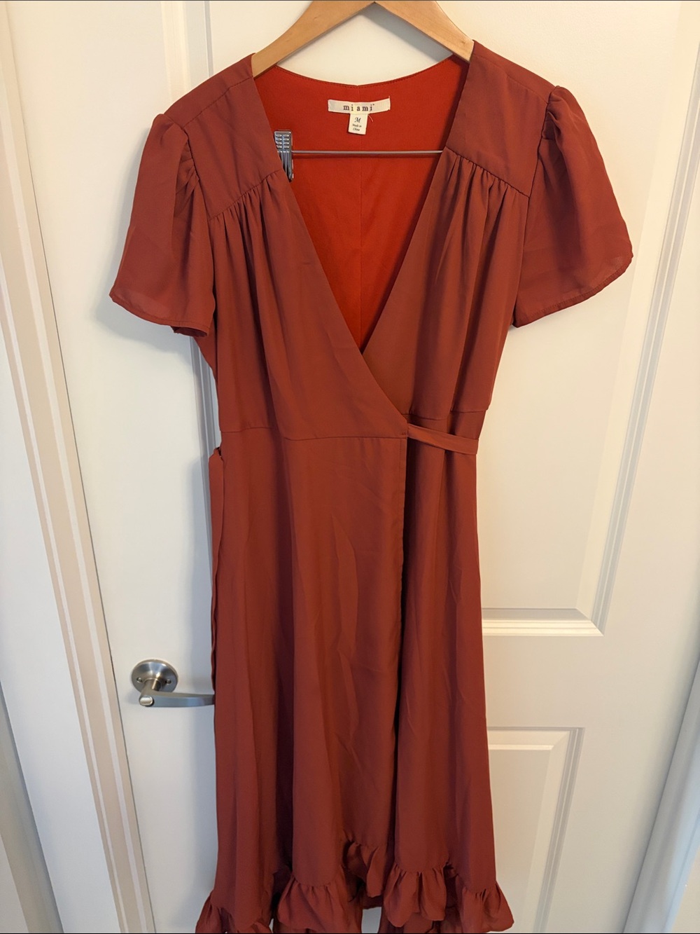 miami Rust-Brown Midi Wrap Dress with Ruffle Hem
